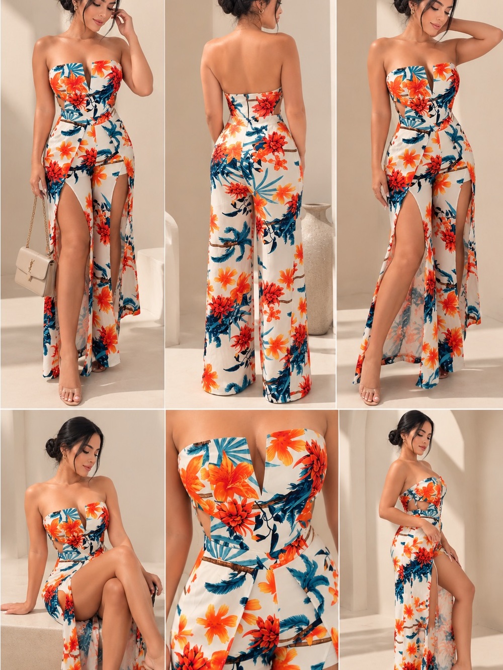 Strapless Tropical Floral Jumpsuit in White with Orange & Blue Floral Print